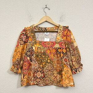DRA Jodie Top Orange Sunset Origami Puff Sleeve Cotton Boho NEW